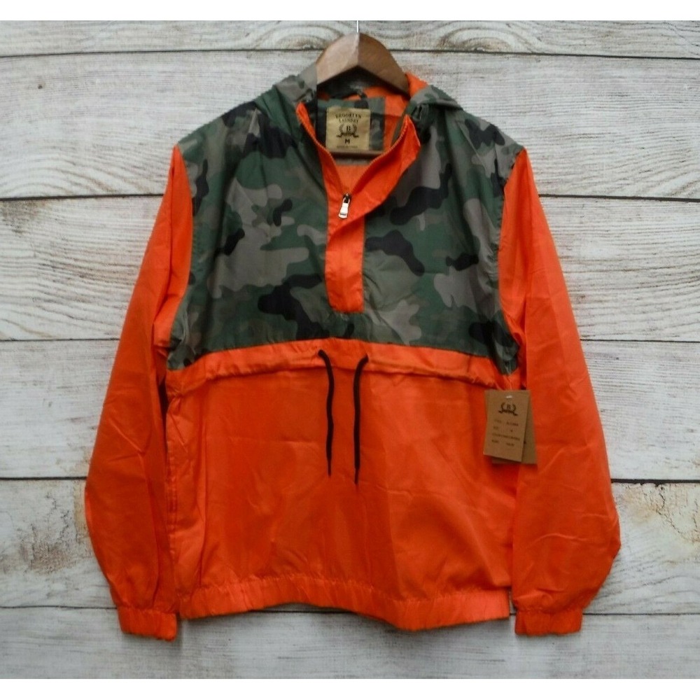 Brooklyn Laundry Jacket Mens Medium Orange Camo Hooded Windbreaker Jacket New